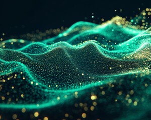Emerald Waves A CloseUp of Shimmering Green and Gold Particles Evoking a Sense of Cosmic Wonder