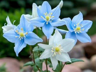 Delicate Blue and White Flowers Bloom Against a Soft Green Background A CloseUp Perspective Emphasizing Delicate Petals and Intricate Details