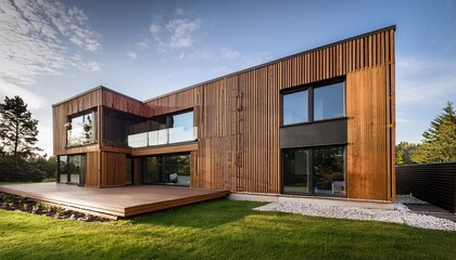 Modern House with Large Windows and Wooden Siding