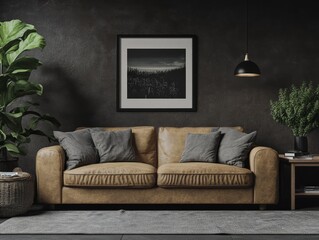 Cozy Minimalist Living Room with Leather Sofa Black Walls and Framed Landscape Photo