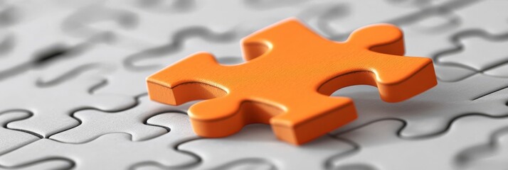 Fototapeta premium A vibrant, eyecatching orange puzzle piece is strategically placed on a soft light gray puzzle background