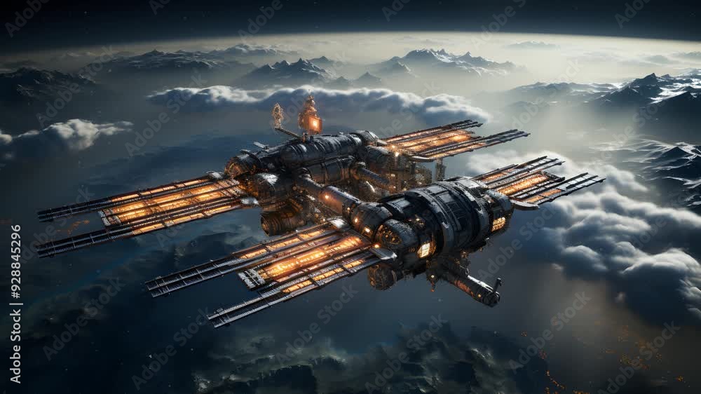 Poster a futuristic space station orbits a planet, showcasing its intricate design and glowing lights again