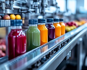 Conveyor Belt Perspective Colorful Juice Bottles Move Through Modern Food Processing Plant