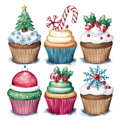 AI generated watercolor set of christmas cupcakes. Food illustration. Idea for menus, postcards, recipes, prints, etc.
