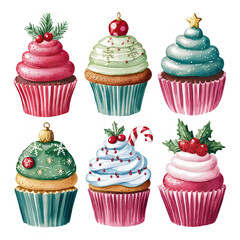 AI generated watercolor set of christmas cupcakes. Food illustration. Idea for menus, postcards, recipes, prints, etc.