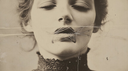 A vintage image of a woman with her mouth sewn shut with string representing censorship through the ages