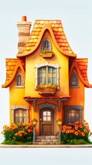Fototapeta premium Charming orange cottage adorned with greenery surrounded by delightful flowers on a sunny day