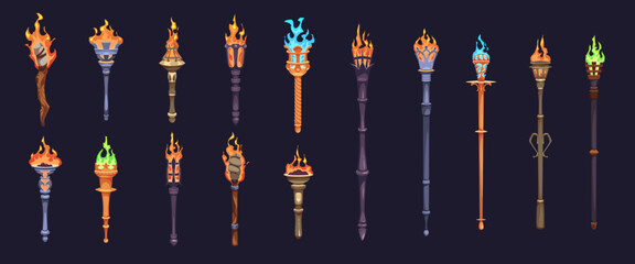 Medieval torches. Cartoon game assets tools, ancient wooden and metal different torches with burning flames, ancient castle lights on sticks, bonfire mobile game ui elements, tidy vector set
