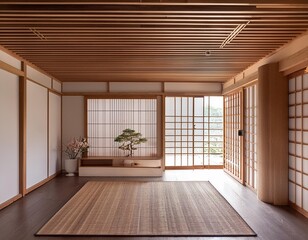 Obraz premium Modern Japanese Home Interior Design with Wooden Beams and Sliding Doors