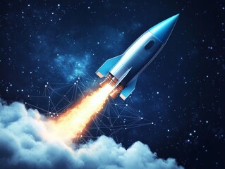 Obraz premium Breaking Through A Blue Rocket Soars Through Starry Sky with Connected Nodes Low Angle Perspective Dramatic Lighting Concept of Innovation and Connection