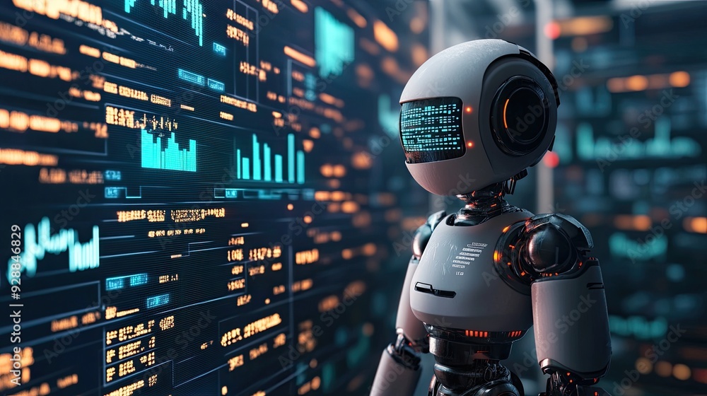 Poster an ai robot in a 3d environment, using machine learning to analyze financial trends, symbolizing adv