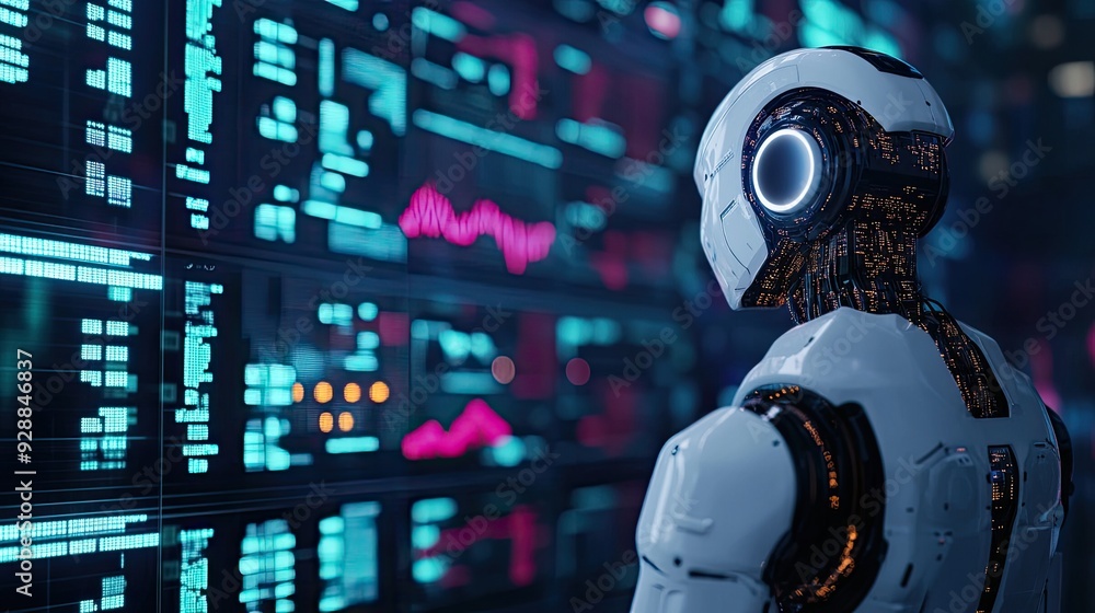 Poster an ai robot in a 3d environment, using machine learning to analyze financial trends, symbolizing adv