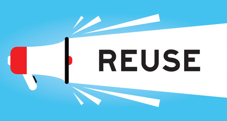 Color megaphone icon with word reuse in white banner on blue background