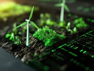 Futuristic Renewable Energy Concept with Wind Turbines and Digital Interface on Green Landscape