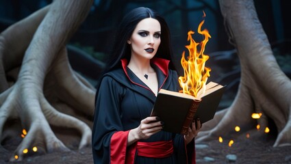 Fantasy Image of Woman in Black Robe Holding Flaming Book in Enchanted Forest with Twisted Roots, generative AI