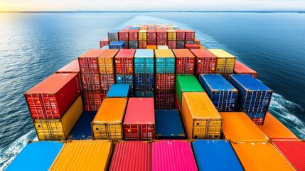 Fototapeta premium Aerial View of a Cargo Ship with Colorful Shipping Containers on the Open Ocean A Symphony of Color and Global Trade