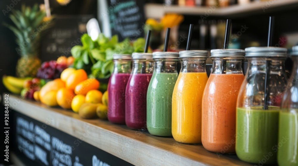 Aufkleber Colorful jars of freshly squeezed juices line a wooden counter beside an array of fruits, creating an inviting atmosphere in a cafe.