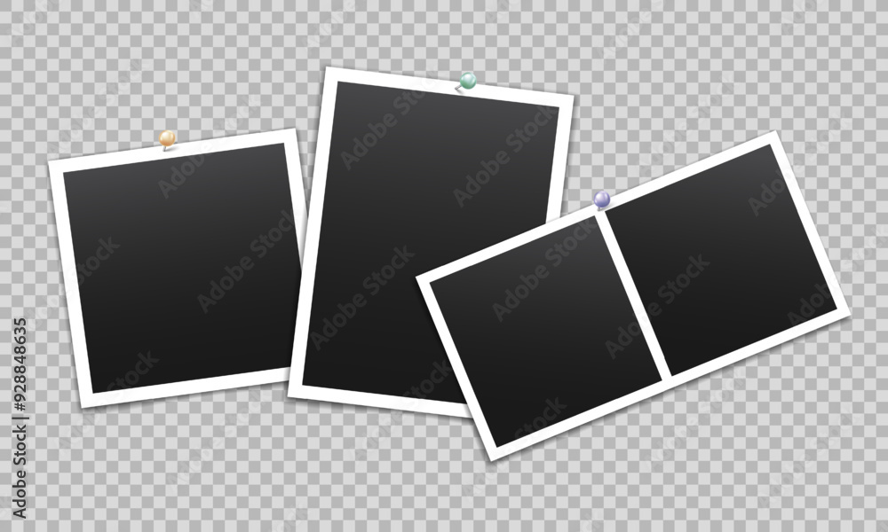 Poster vector empty photo frames with pin and shadow isolated on transparent background. template mockup ph