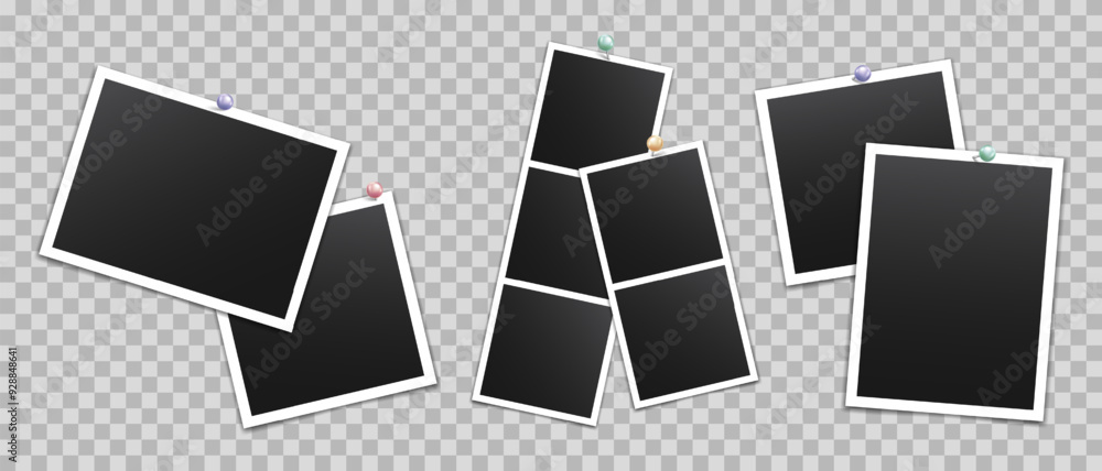 Poster vector empty photo frames with pin and shadow isolated on transparent background. template mockup ph