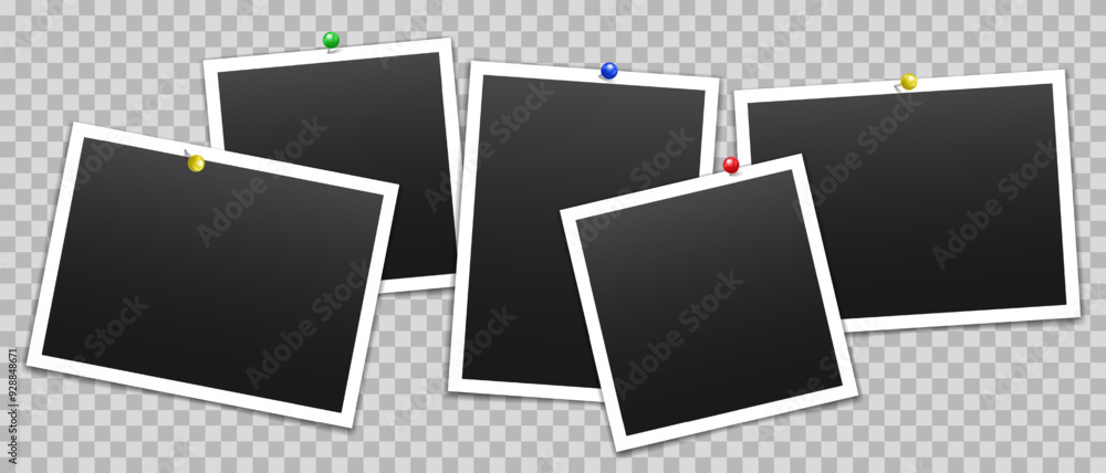 Poster vector empty photo frames with pin and shadow isolated on transparent background. template mockup ph