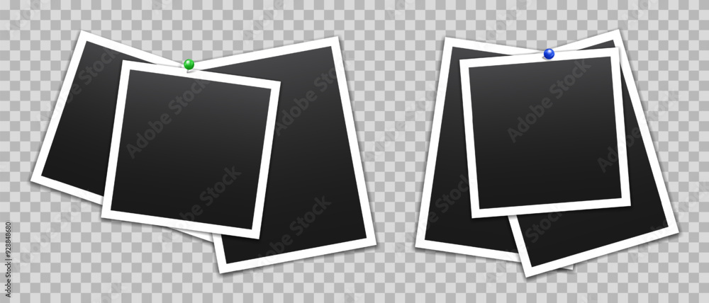 Poster vector empty photo frames with pin and shadow isolated on transparent background. template mockup ph