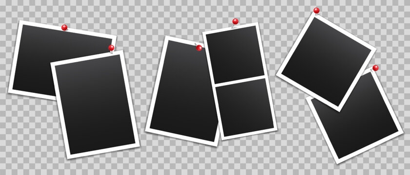 Vector empty photo frames with pin and shadow isolated on transparent background. Template mockup photo design.
