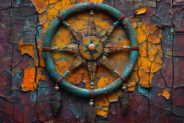 Fototapeta premium Nautical Adventurer's Dream: Antique Ship's Wheel on Rustic Painted Wall