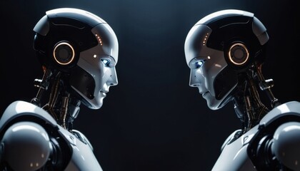 A pair of bionic robots opposite each other. future technologies. Scientific progress. Generative ai. AI