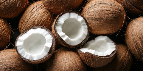 Fresh coconuts with rich brown husks and split halves revealing creamy white interiors, capturing the essence of tropical flavor, natural beauty, and wholesome nutrition