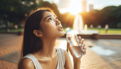 A thirsty woman drinks water