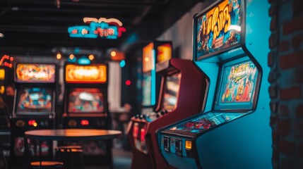A collection of vintage arcade machines glows in a vibrant gaming lounge filled with nostalgic charm.
