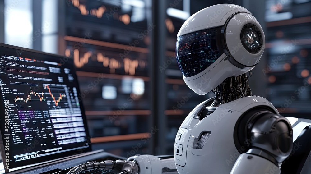 Poster future financial technology depicted in 3d, with an ai robot using machine learning to provide inves