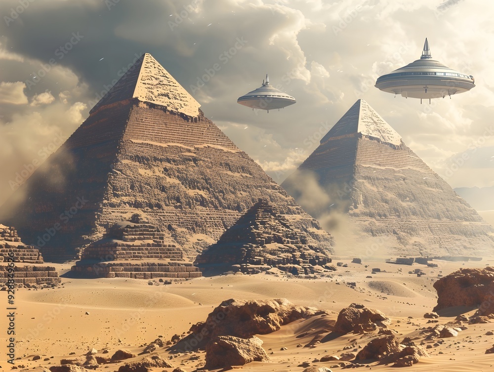 Poster ancient pyramids and hovering spaceships in a surreal desert landscape