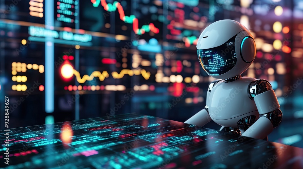 Poster future financial technology depicted in 3d, with an ai robot using machine learning to provide inves