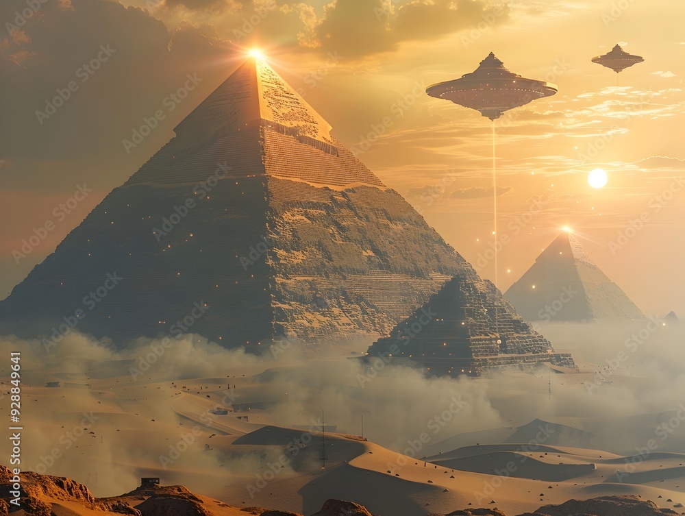 Poster otherworldly desert landscape with ancient pyramids and hovering spaceships