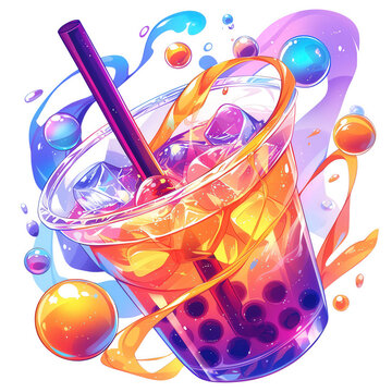 Colorful bubble tea drink with ice and tapioca pearls in a plastic cup, splashing around, vibrant and refreshing illustration.