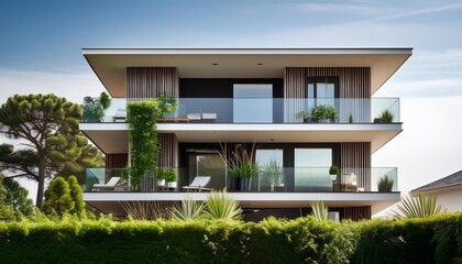 Fototapeta premium Modern Minimalist Home with Balconies and Green Plants