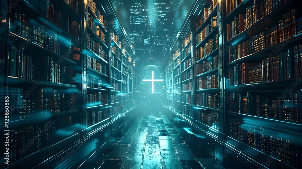 Aufkleber futuristic high tech library with holographic scrolls and digital texts cross concept design