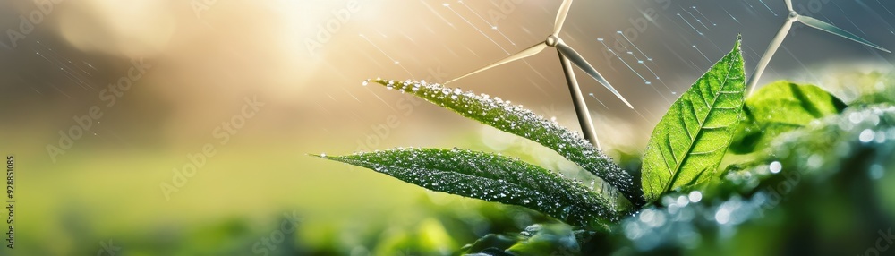 Wall mural renewable energy concept with wind turbines and dewy green leaves in a rainy natural setting