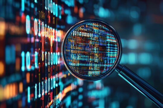 A close-up view of a magnifying glass focusing on vibrant data code, representing analysis and digital technology.