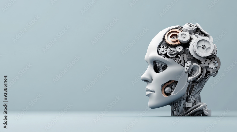 Poster a futuristic depiction of a human head with exposed gears and mechanical components, symbolizing art