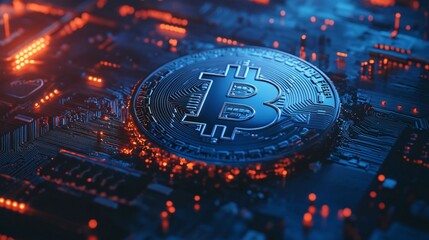 A close-up of a Bitcoin embedded in a circuit board, symbolizing the integration of cryptocurrency with advanced digital technology and blockchain.