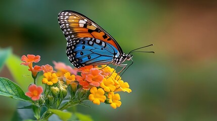 Obraz premium Colorful Butterfly on Flowers. A vibrant butterfly perched on colorful flowers, with a soft, blurred background.