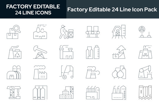 Collection of 24 factory line icons. These design elements are suitable for your projects and are provided as vector illustrations."