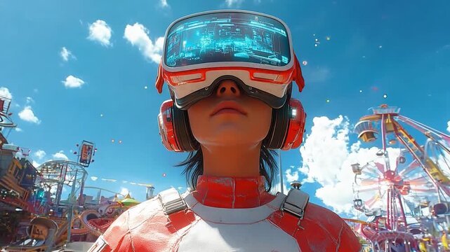 A young individual explores a futuristic amusement park while wearing high-tech virtual reality gear and surrounded by thrilling rides.
