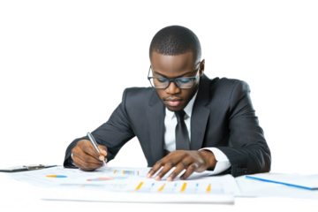 Data Scientist Analyzing Graphs in Professional Attire: High-Quality Image of a Focused African Tech Professional Isolated on True White Background, Ideal for Data Analysis Use