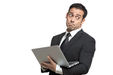 Cybersecurity Expert in Professional Attire Holding Laptop: High-Quality Image of a Focused Latin Tech Professional Isolated on True White Background, Perfect for  Security Industry Use