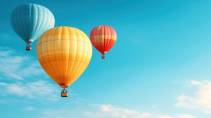 Fototapeta premium Colorful Hot Air Balloons in the Sky. Bright and colorful hot air balloons floating peacefully against a clear blue sky.