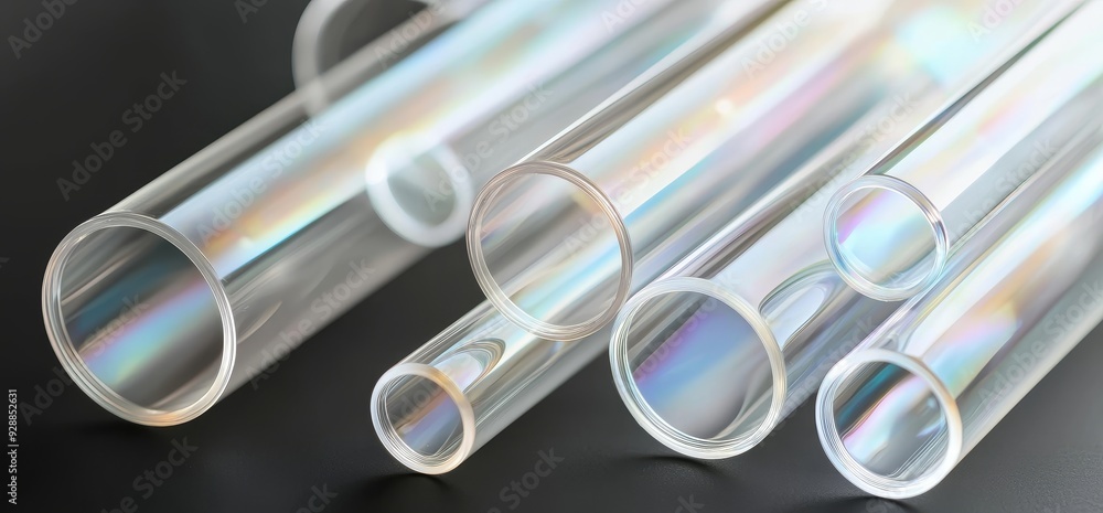 Poster a macro picture of a transparent iridescent glass curved stripe with a deep depth of field. place fo