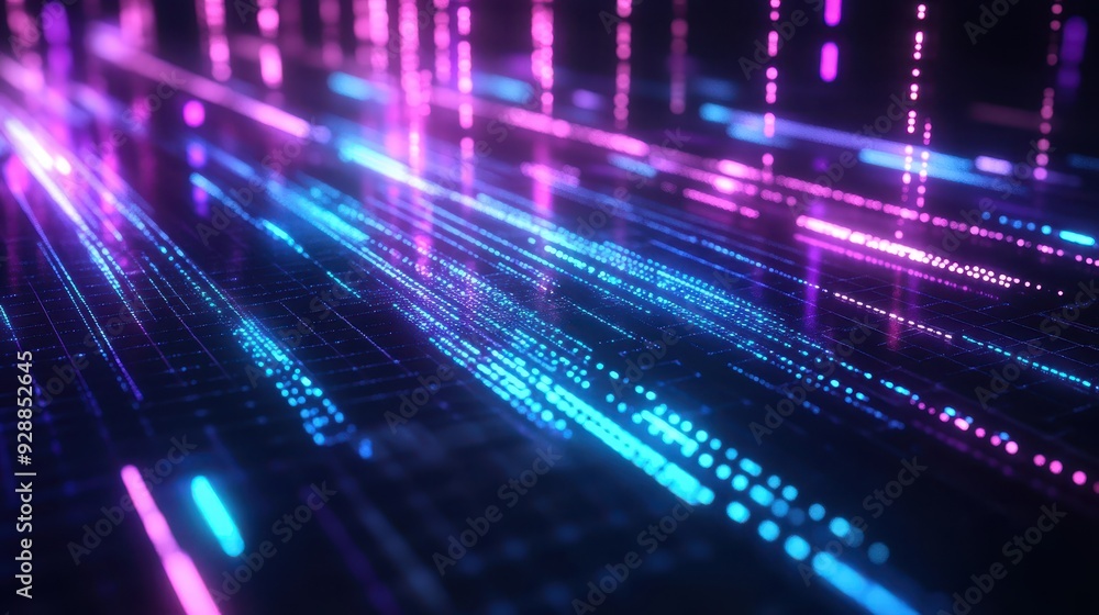 Poster a vibrant digital landscape with glowing lines representing data flow and technology.